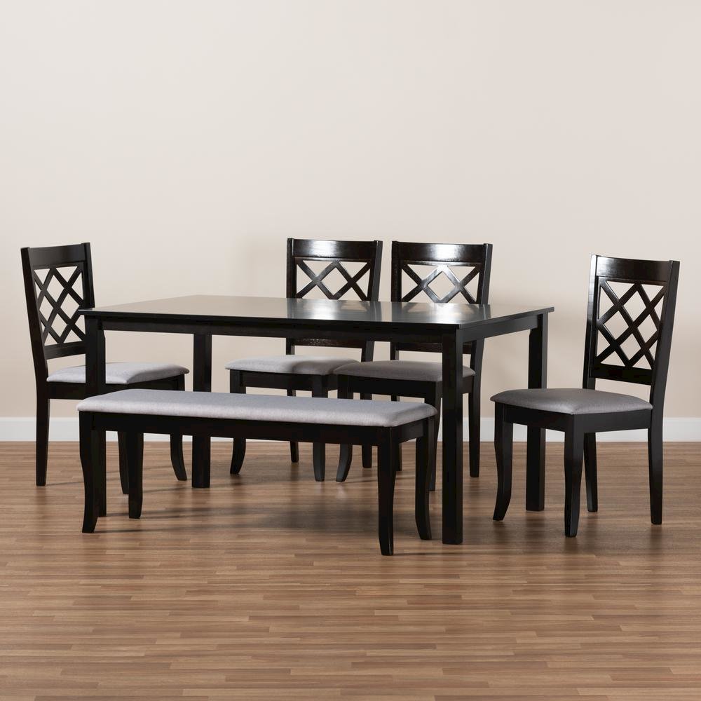 Grey Fabric Upholstered and Dark Brown Finished Wood 6-Piece Dining Set