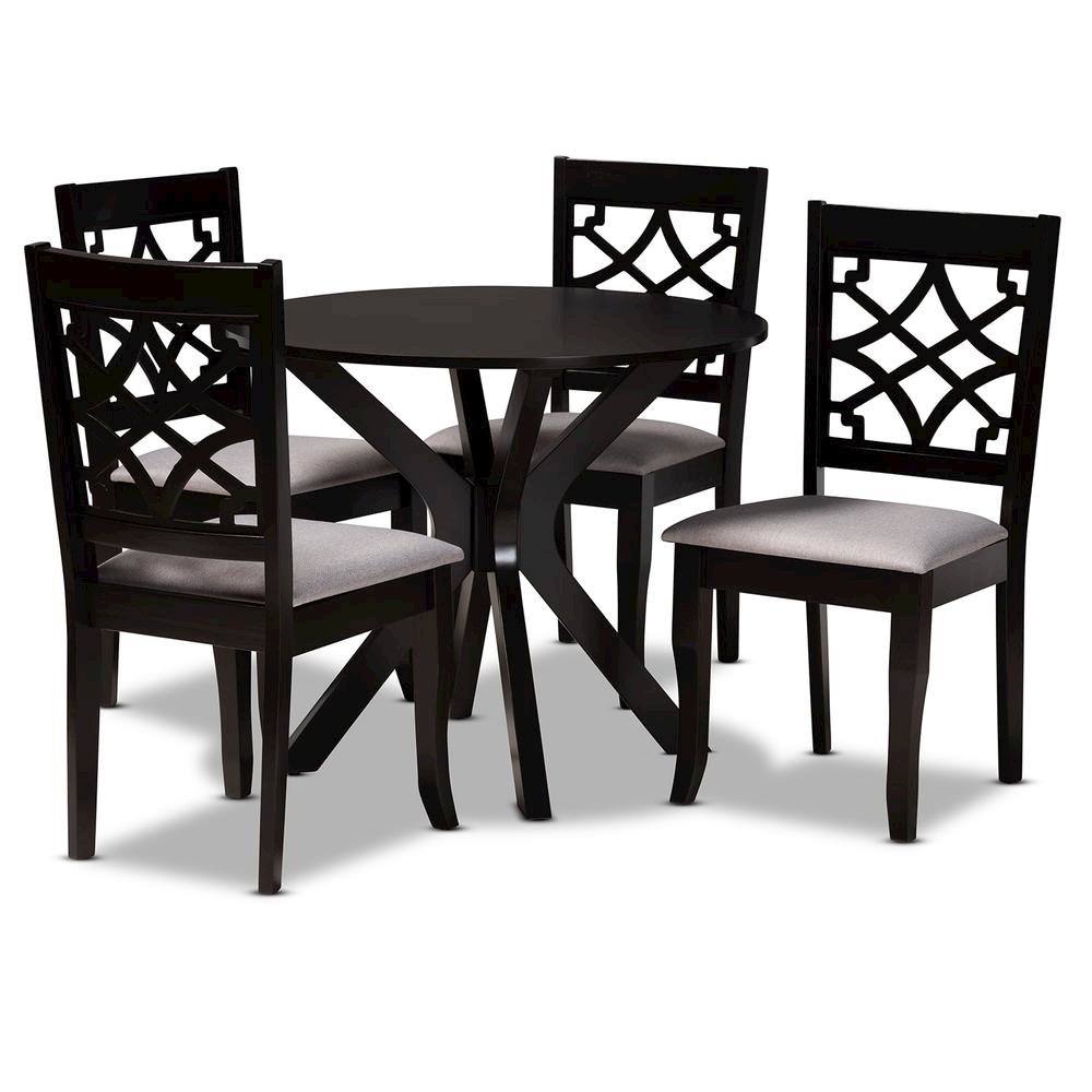 Grey Fabric Upholstered and Dark Brown Finished Wood 5-Piece Dining Set