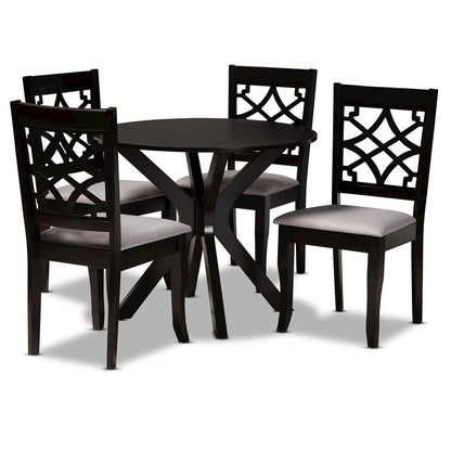 Grey Fabric Upholstered and Dark Brown Finished Wood 5-Piece Dining Set