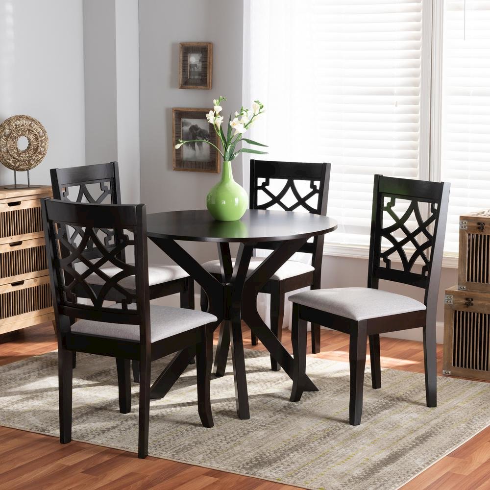 Grey Fabric Upholstered and Dark Brown Finished Wood 5-Piece Dining Set