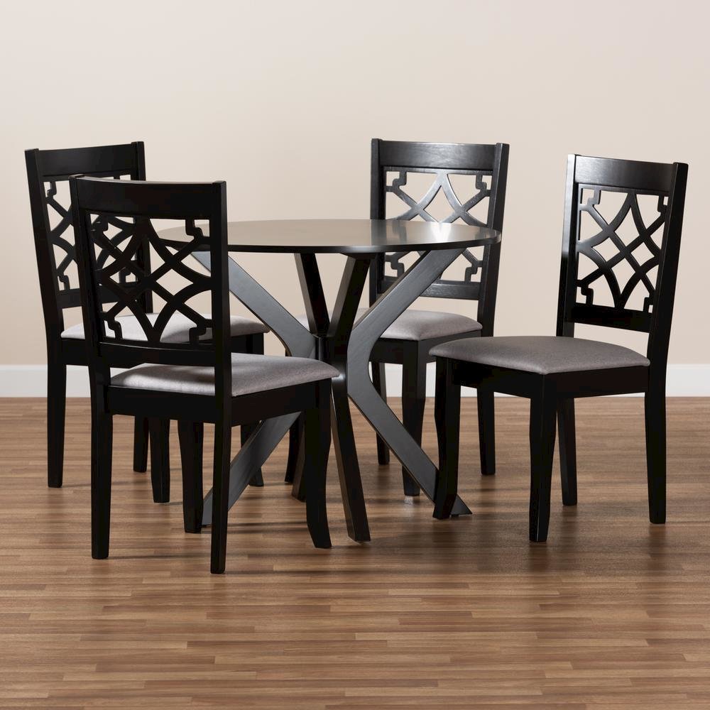 Grey Fabric Upholstered and Dark Brown Finished Wood 5-Piece Dining Set