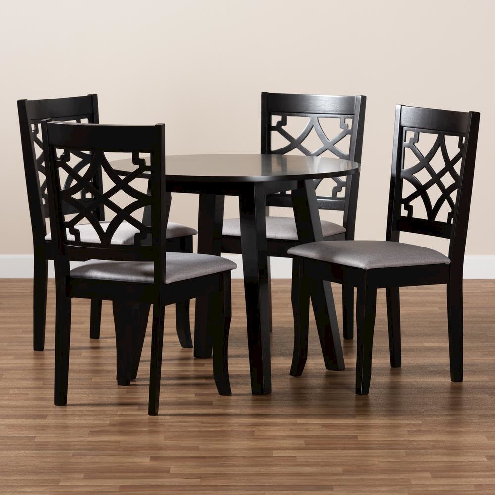 Grey Fabric Upholstered and Dark Brown Finished Wood 5-Piece Dining Set