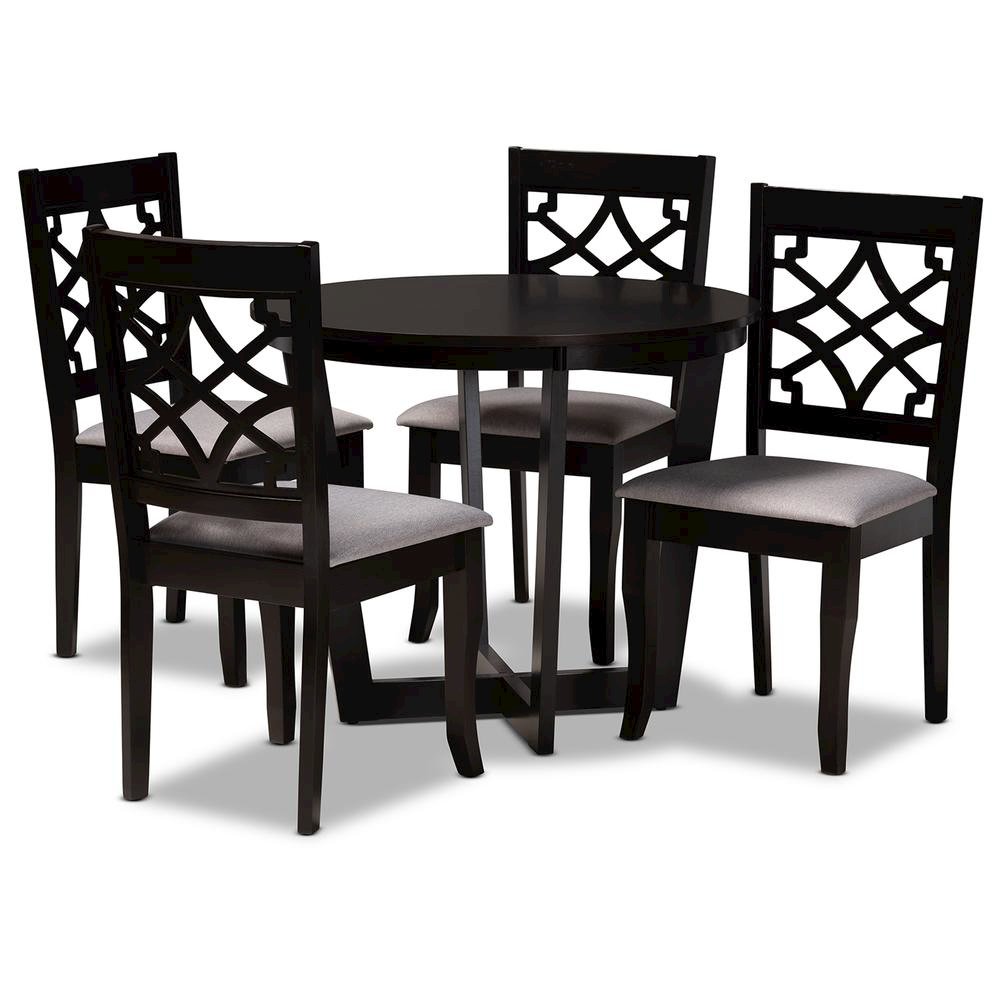 Grey Fabric Upholstered and Dark Brown Finished Wood 5-Piece Dining Set