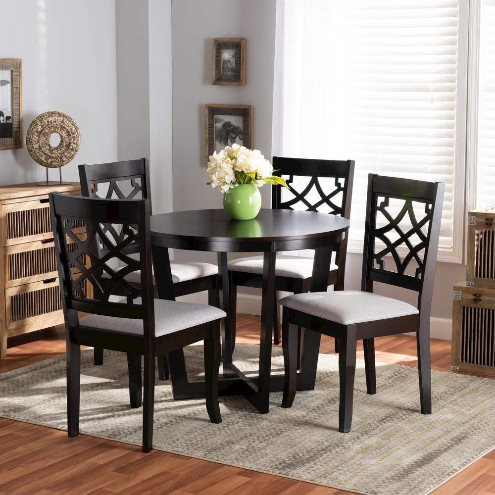 Grey Fabric Upholstered and Dark Brown Finished Wood 5-Piece Dining Set