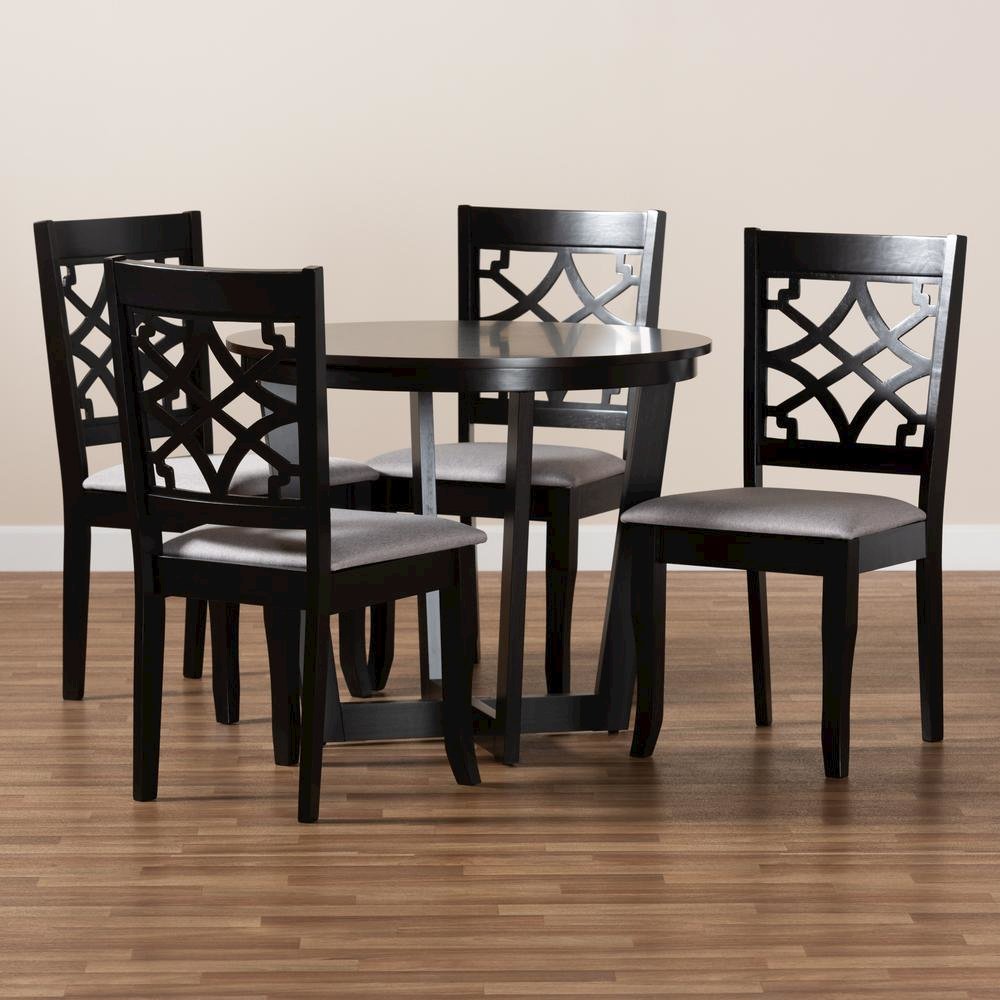 Grey Fabric Upholstered and Dark Brown Finished Wood 5-Piece Dining Set