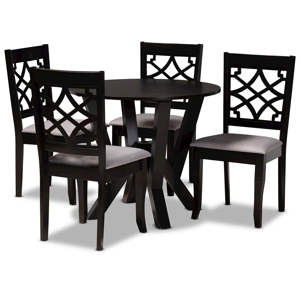 Grey Fabric Upholstered and Dark Brown Finished Wood 5-Piece Dining Set