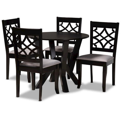 Grey Fabric Upholstered and Dark Brown Finished Wood 5-Piece Dining Set