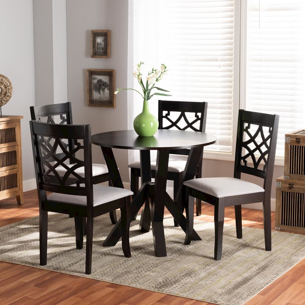 Grey Fabric Upholstered and Dark Brown Finished Wood 5-Piece Dining Set