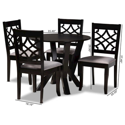 Grey Fabric Upholstered and Dark Brown Finished Wood 5-Piece Dining Set