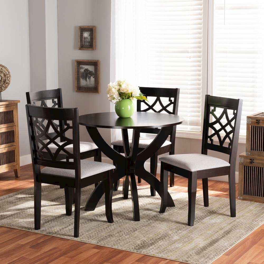 Grey Fabric Upholstered and Dark Brown Finished Wood 5-Piece Dining Set