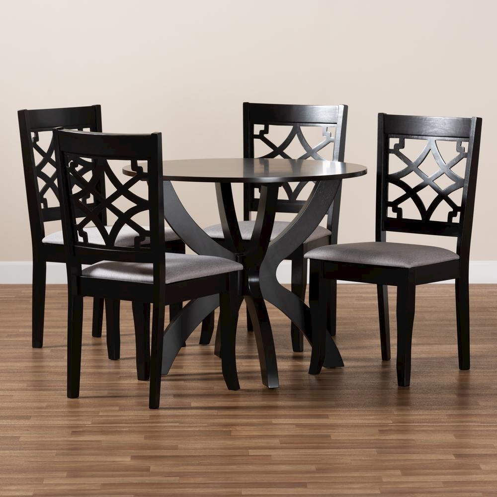 Grey Fabric Upholstered and Dark Brown Finished Wood 5-Piece Dining Set