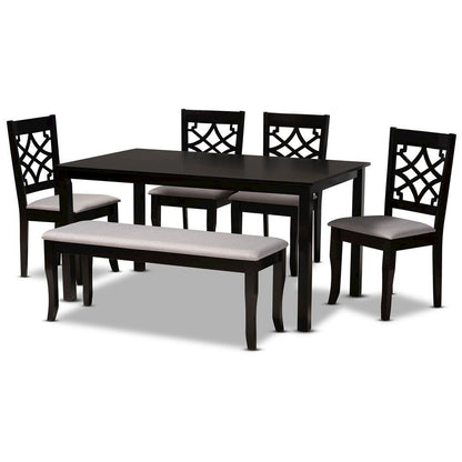 Grey Fabric Upholstered and Dark Brown Finished Wood 6-Piece Dining Set
