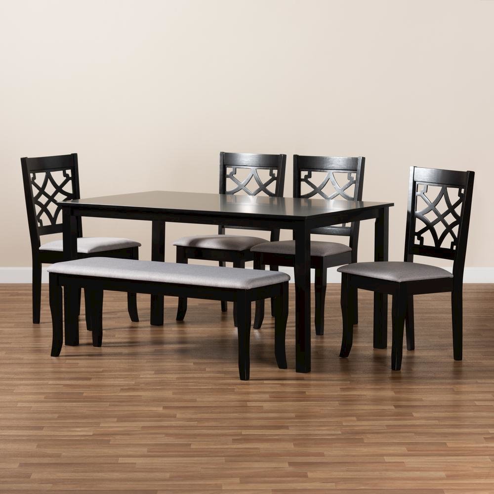 Grey Fabric Upholstered and Dark Brown Finished Wood 6-Piece Dining Set