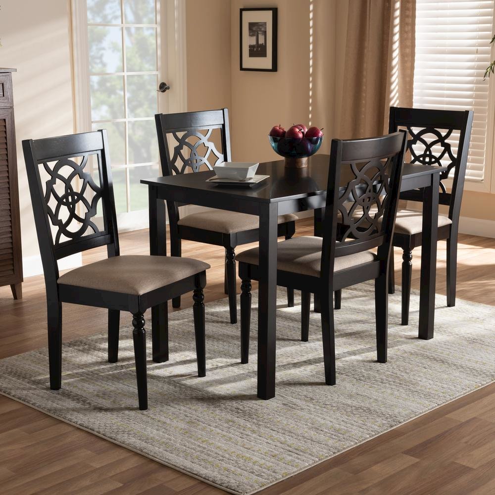 Sand Fabric Upholstered Espresso Brown Finished 5-Piece Wood Dining Set