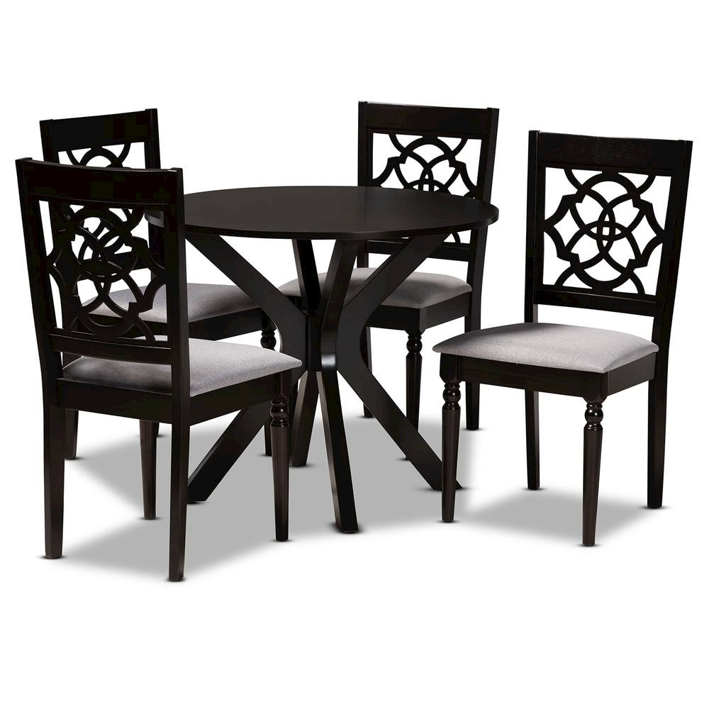 Grey Fabric Upholstered and Dark Brown Finished Wood 5-Piece Dining Set