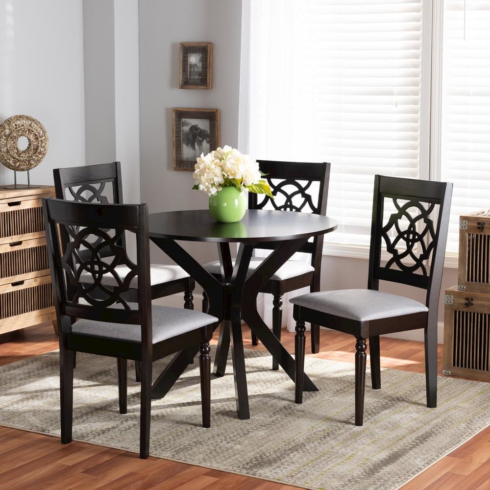 Grey Fabric Upholstered and Dark Brown Finished Wood 5-Piece Dining Set