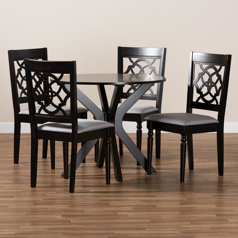 Grey Fabric Upholstered and Dark Brown Finished Wood 5-Piece Dining Set