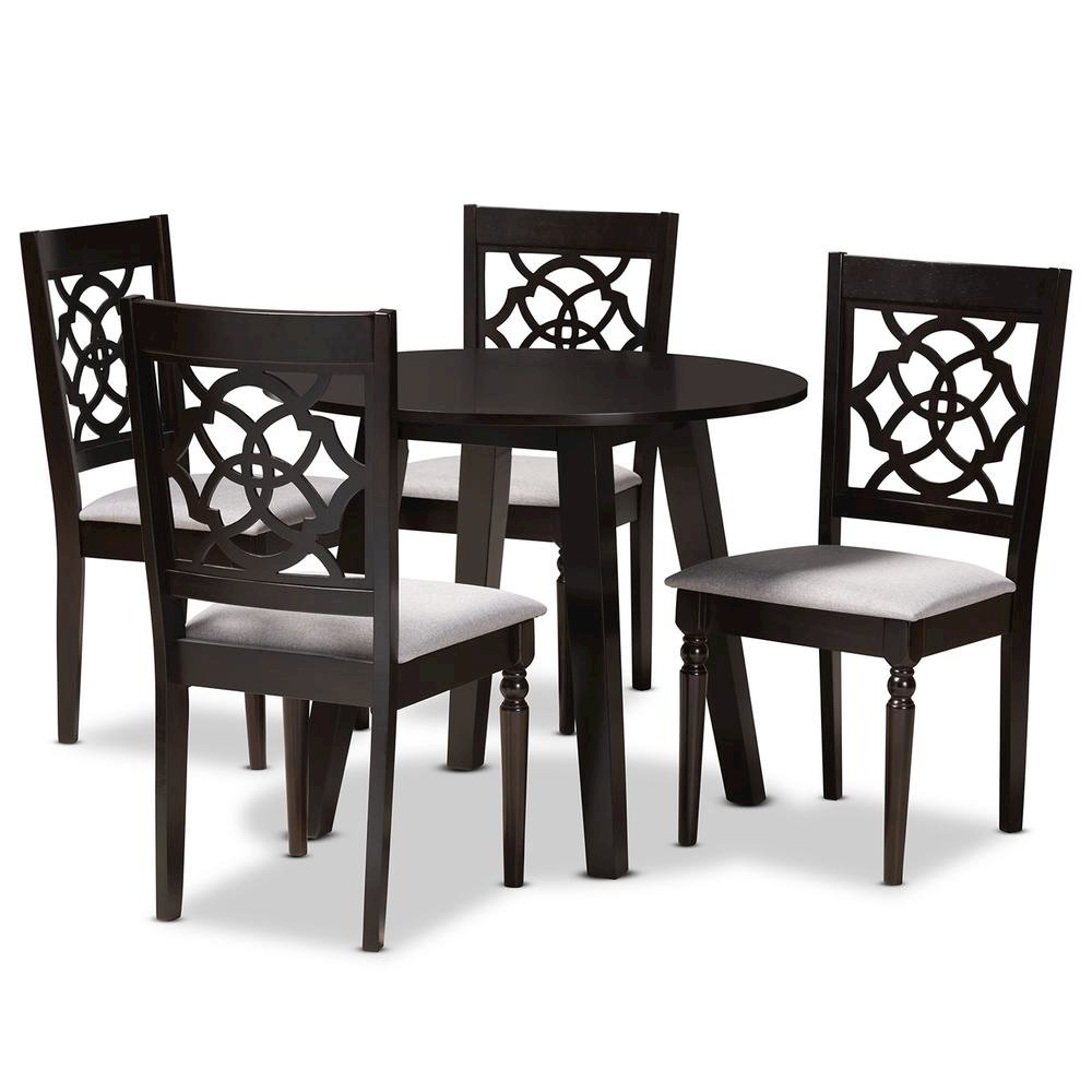 Grey Fabric Upholstered and Walnut Brown Finished Wood 5-Piece Dining Set