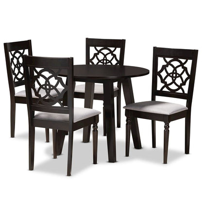 Grey Fabric Upholstered and Walnut Brown Finished Wood 5-Piece Dining Set