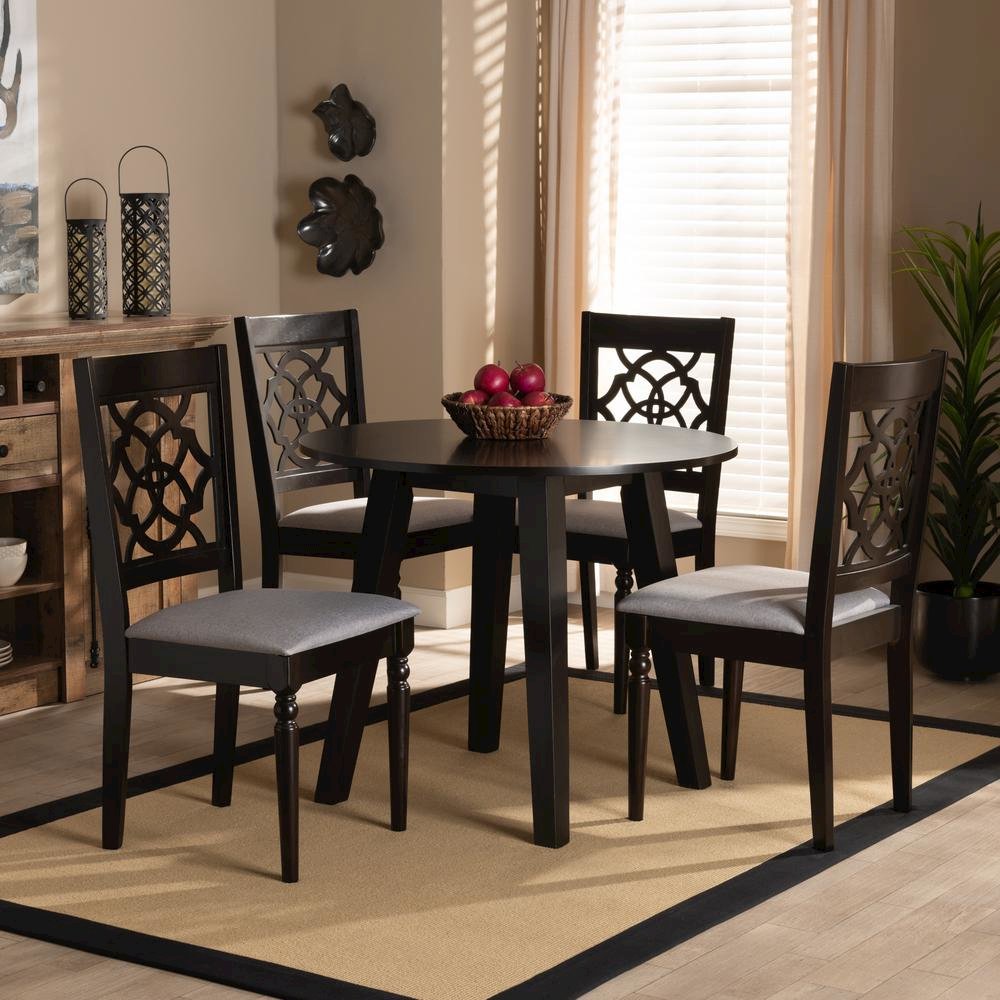 Grey Fabric Upholstered and Walnut Brown Finished Wood 5-Piece Dining Set