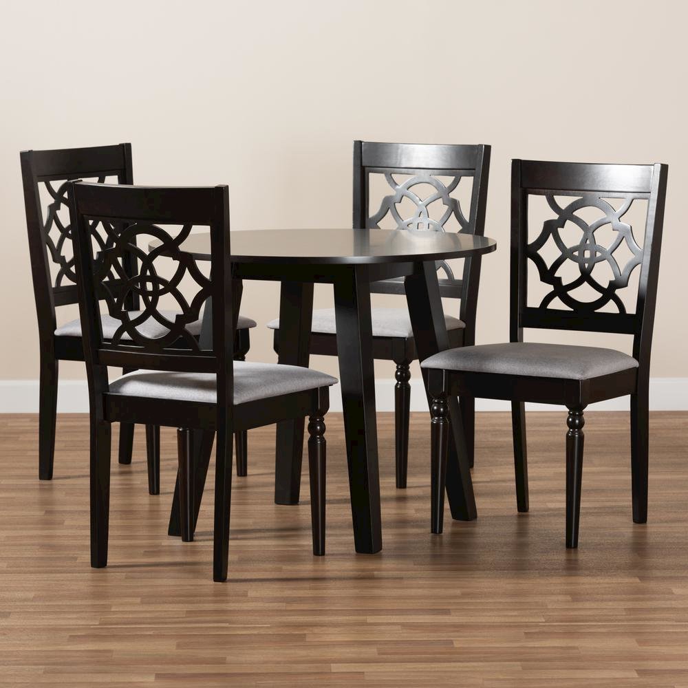 Grey Fabric Upholstered and Walnut Brown Finished Wood 5-Piece Dining Set