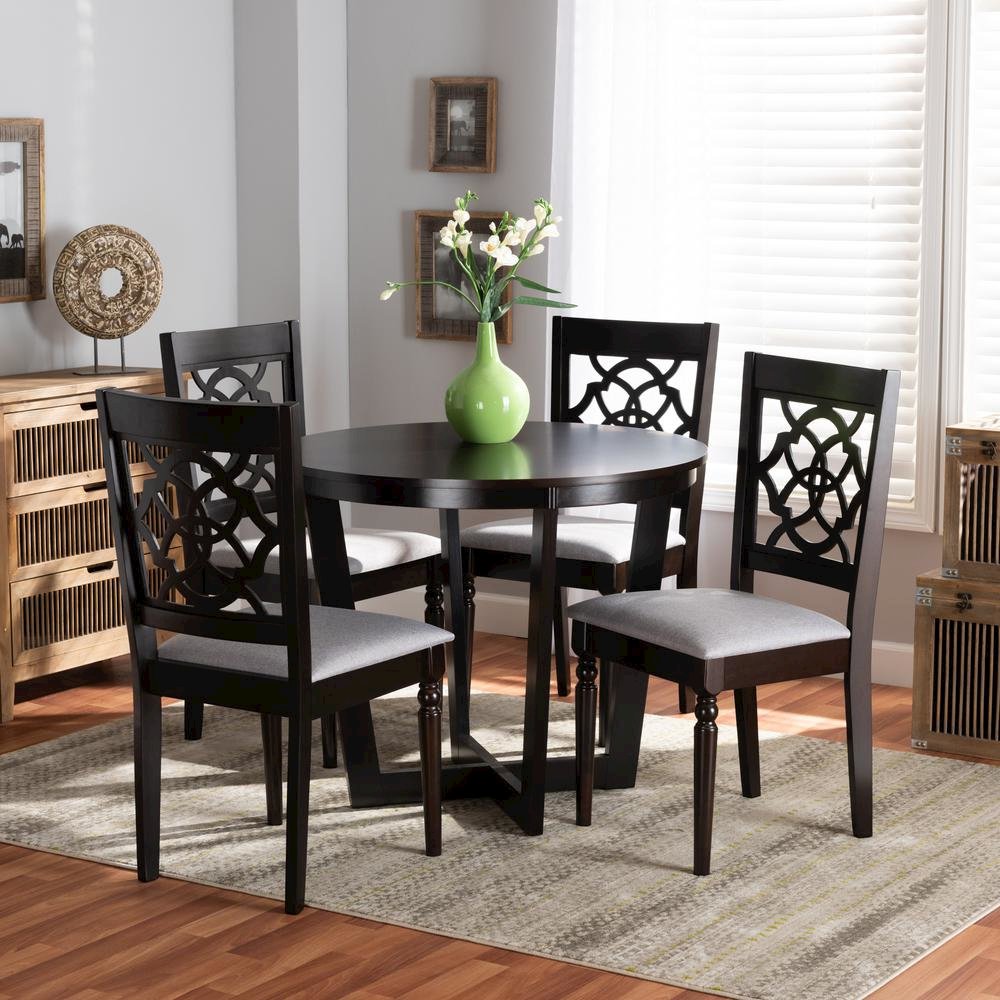 Grey Fabric Upholstered and Dark Brown Finished Wood 5-Piece Dining Set