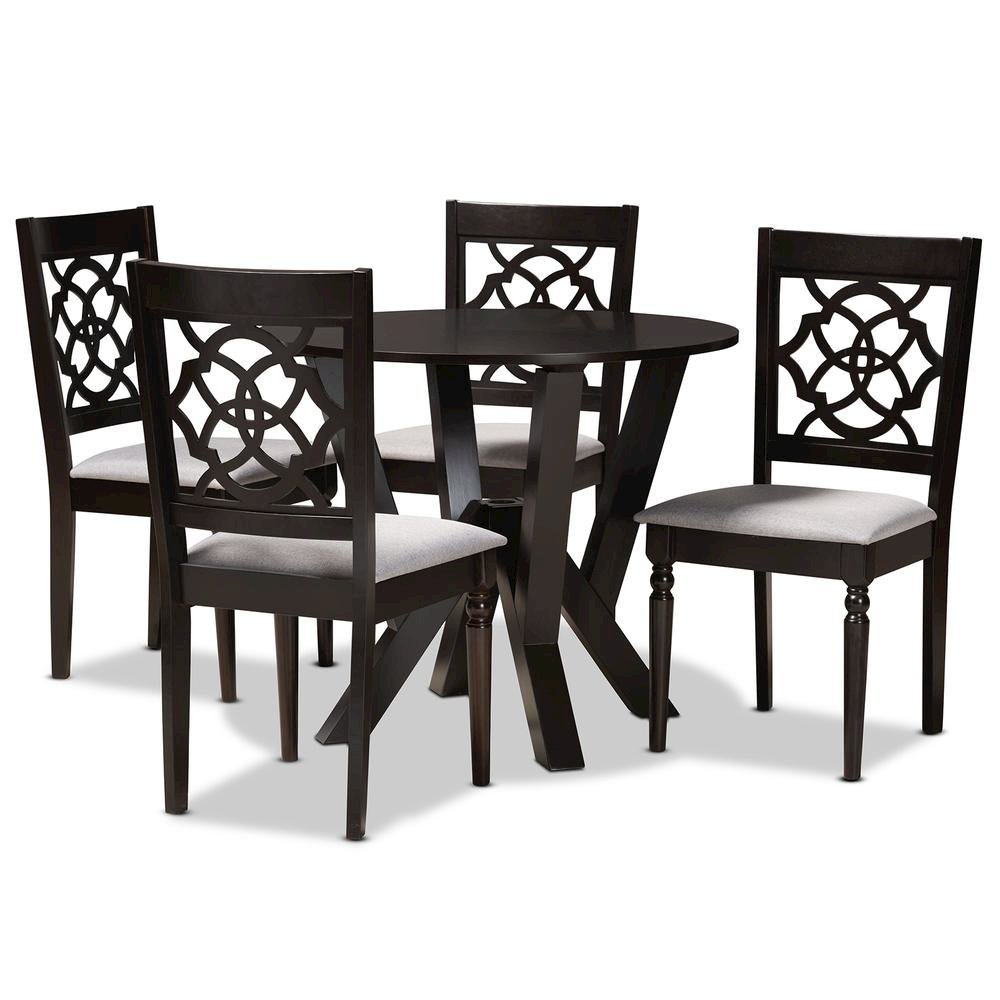 Grey Fabric Upholstered and Dark Brown Finished Wood 5-Piece Dining Set