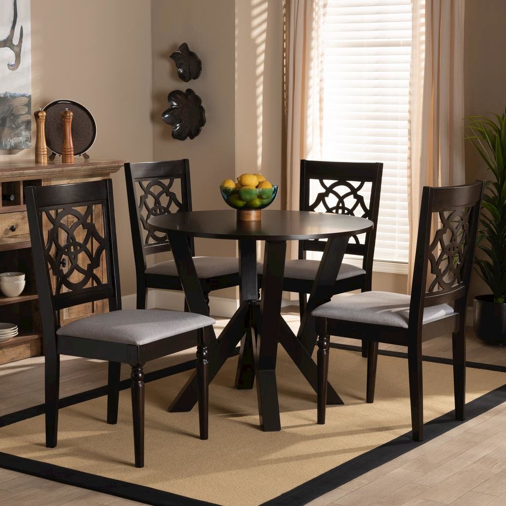 Grey Fabric Upholstered and Dark Brown Finished Wood 5-Piece Dining Set