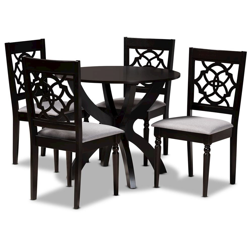 Grey Fabric Upholstered and Dark Brown Finished Wood 5-Piece Dining Set