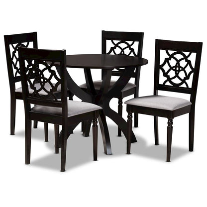 Grey Fabric Upholstered and Dark Brown Finished Wood 5-Piece Dining Set