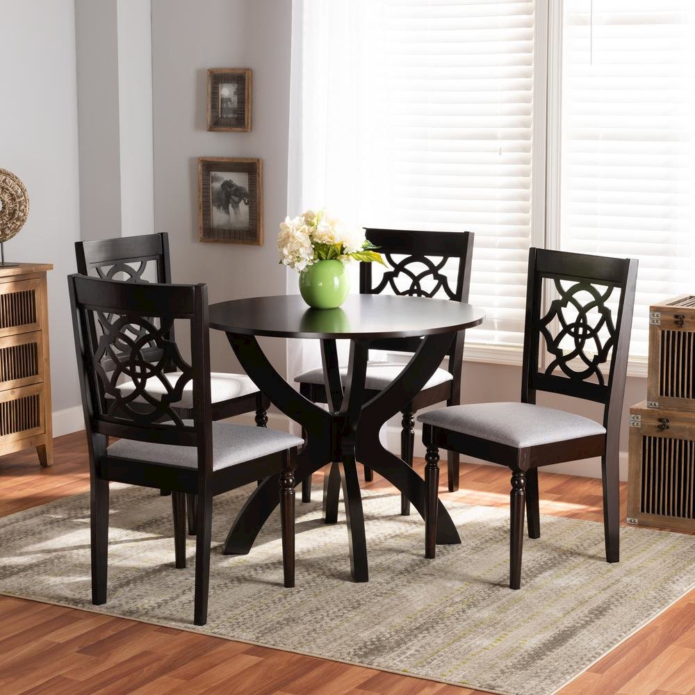 Grey Fabric Upholstered and Dark Brown Finished Wood 5-Piece Dining Set