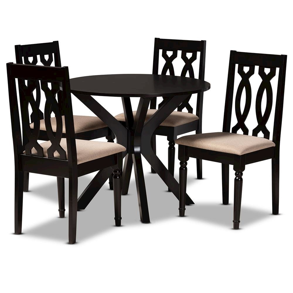 Sand Fabric Upholstered and Dark Brown Finished Wood 5-Piece Dining Set