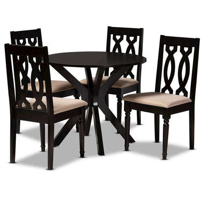 Sand Fabric Upholstered and Dark Brown Finished Wood 5-Piece Dining Set