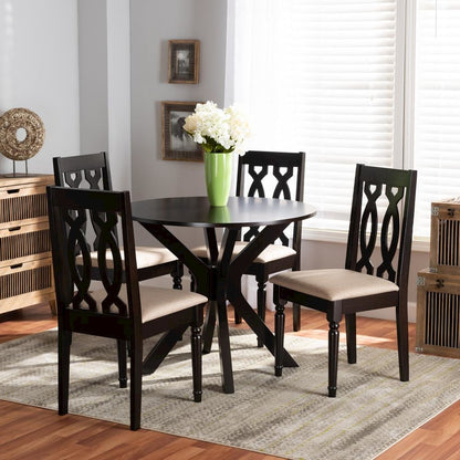Sand Fabric Upholstered and Dark Brown Finished Wood 5-Piece Dining Set