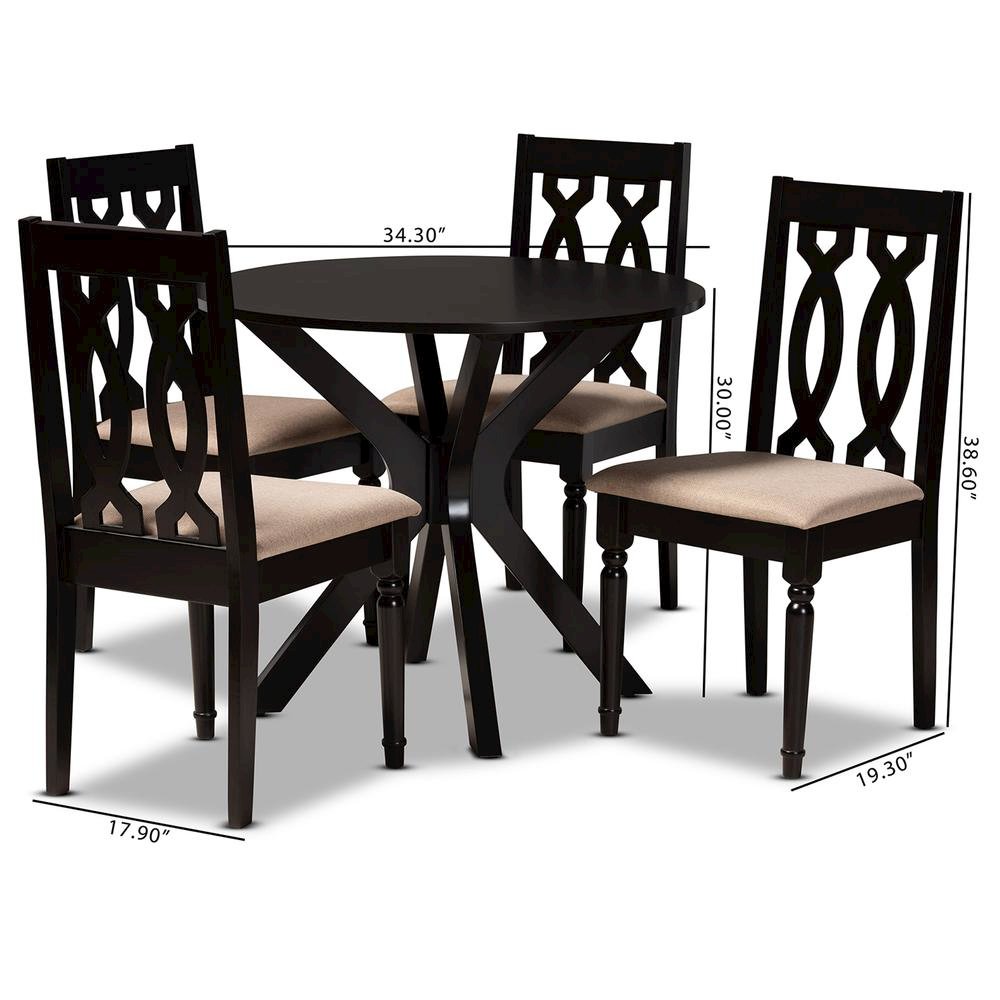 Sand Fabric Upholstered and Dark Brown Finished Wood 5-Piece Dining Set