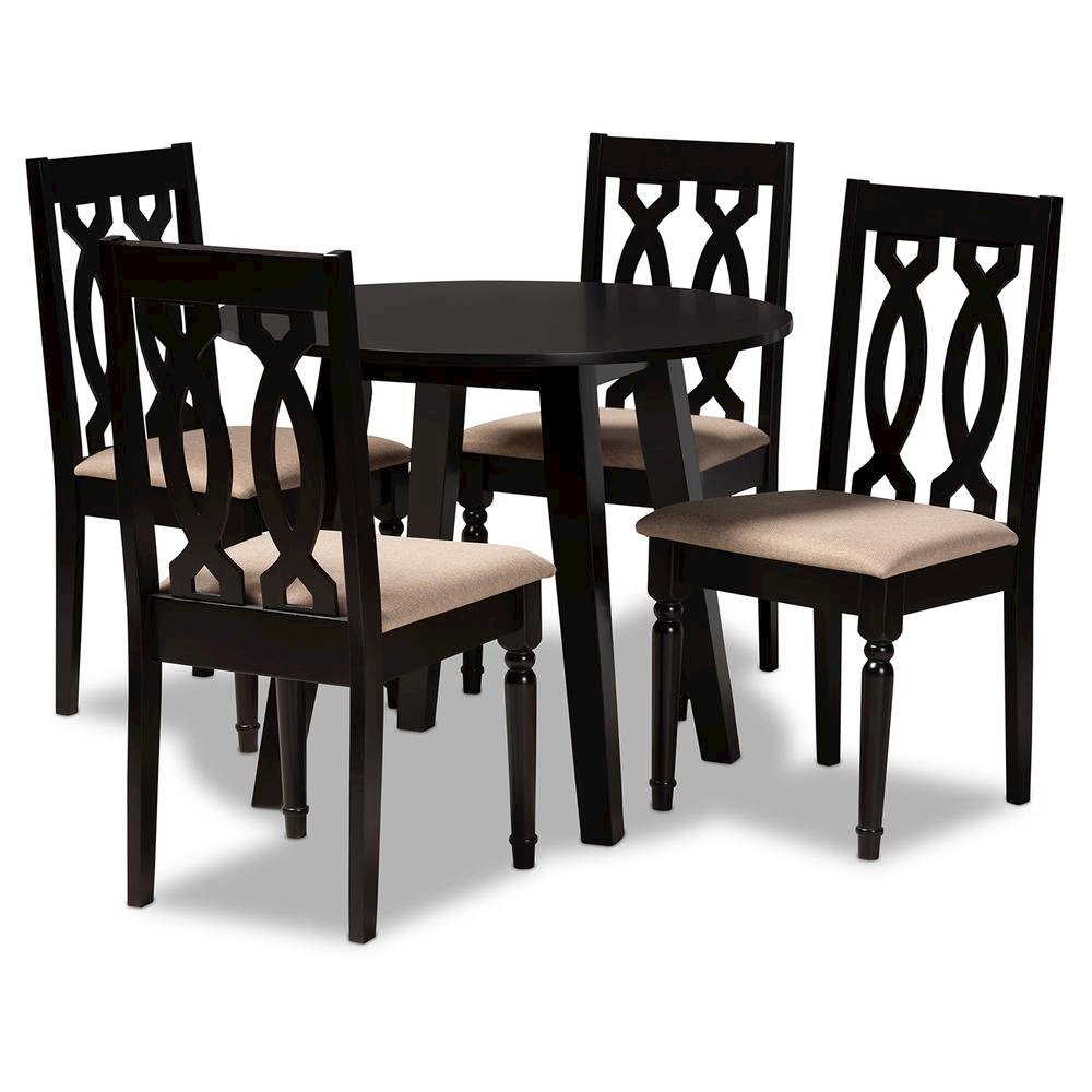 Sand Fabric Upholstered and Dark Brown Finished Wood 5-Piece Dining Set