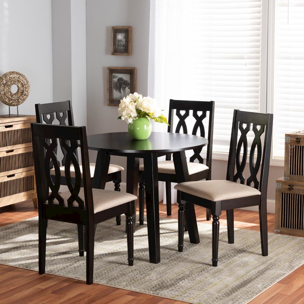 Sand Fabric Upholstered and Dark Brown Finished Wood 5-Piece Dining Set