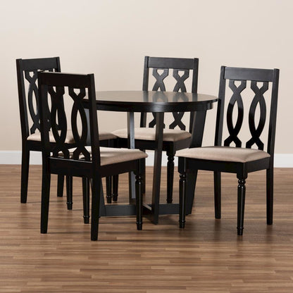 Sand Fabric Upholstered and Dark Brown Finished Wood 5-Piece Dining Set