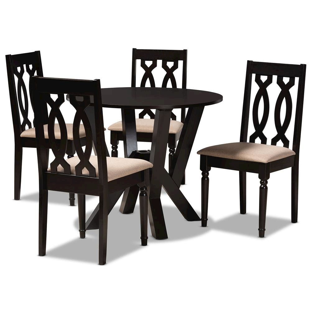 Sand Fabric Upholstered and Dark Brown Finished Wood 5-Piece Dining Set