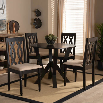 Sand Fabric Upholstered and Dark Brown Finished Wood 5-Piece Dining Set