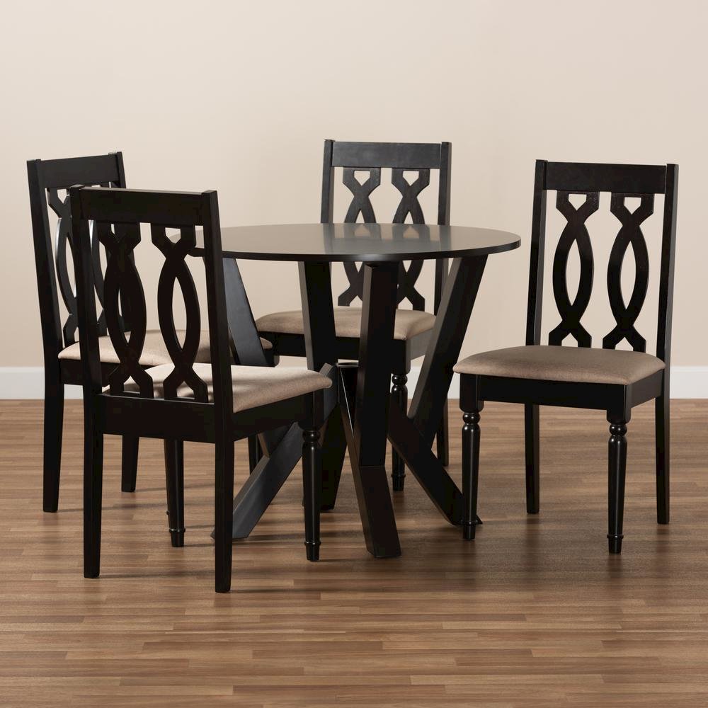 Sand Fabric Upholstered and Dark Brown Finished Wood 5-Piece Dining Set