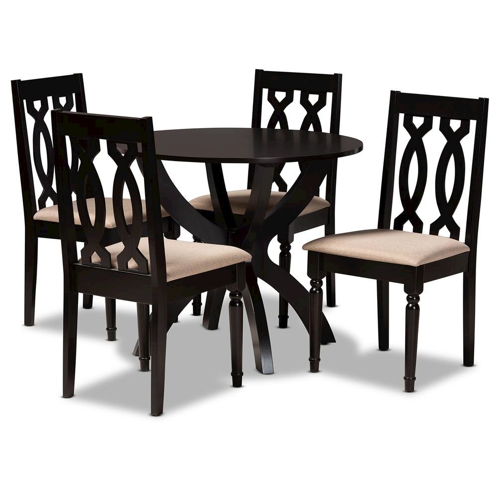 Sand Fabric Upholstered and Dark Brown Finished Wood 5-Piece Dining Set