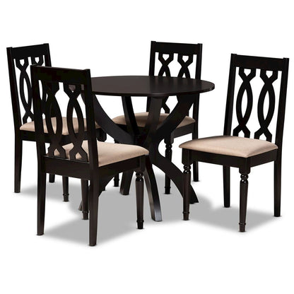 Sand Fabric Upholstered and Dark Brown Finished Wood 5-Piece Dining Set