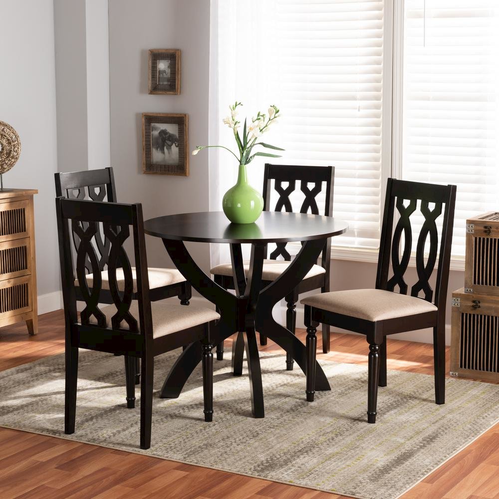 Sand Fabric Upholstered and Dark Brown Finished Wood 5-Piece Dining Set