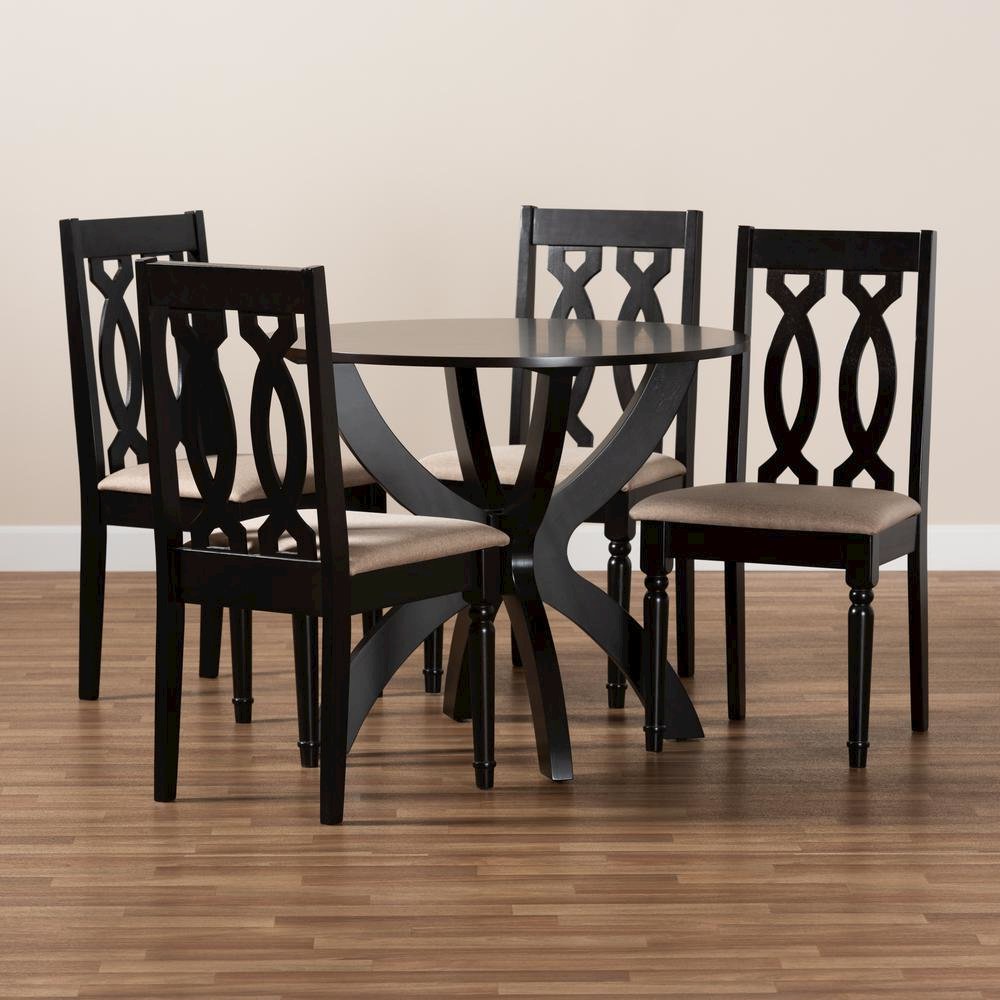 Sand Fabric Upholstered and Dark Brown Finished Wood 5-Piece Dining Set