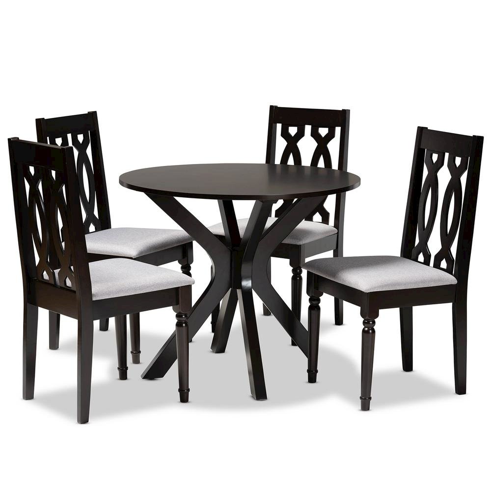 Grey Fabric Upholstered and Dark Brown Finished Wood 5-Piece Dining Set