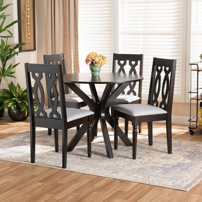 Grey Fabric Upholstered and Dark Brown Finished Wood 5-Piece Dining Set