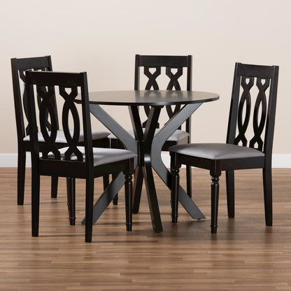 Grey Fabric Upholstered and Dark Brown Finished Wood 5-Piece Dining Set