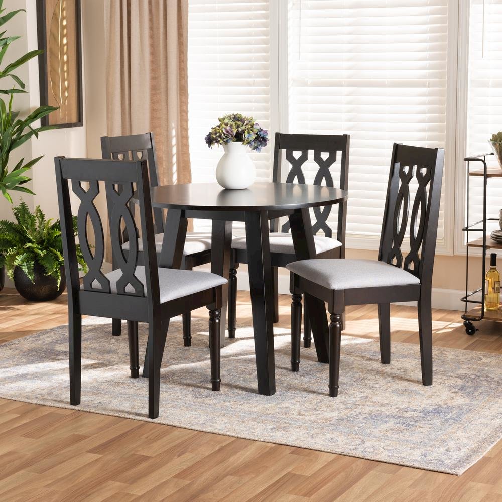 Grey Fabric Upholstered and Dark Brown Finished Wood 5-Piece Dining Set