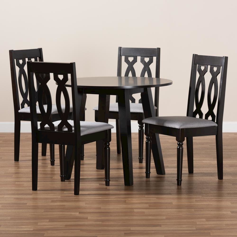 Grey Fabric Upholstered and Dark Brown Finished Wood 5-Piece Dining Set